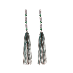 Silver needle long tassel earrings with green zircon and heart pearl drop design