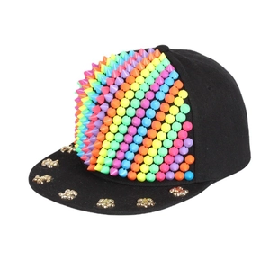 Punk Hip Hop Snapback Hut Schwarz Baumwolle Baseballkappe Mit Regenbogen Spitzen Und Gold Metall Blume Nieten Für Damen Herren Streetwear