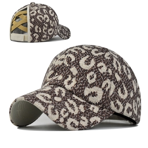 Women Leopard Print Knit Baseball Cap With Criss Cross Ponytail Hole Adjustable Warm Outdoor Fashion Hat