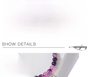 Detail of 6mm purple agate and pink zebra stone bracelet with ladybug charm and size chart