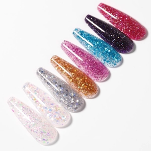 Glitter press-on nails in coffin shape featuring multi-color sparkling extension gel