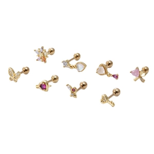 Set of eight gold-plated ear studs featuring pink zircon heart, butterfly, and star designs