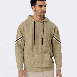 Men's Cable Knit Hoodie Jacquard Textured Sweatshirt Casual Long Sleeve Striped Arm Drawstring Kangaroo Pocket Fashion