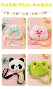 Detail of four cute plush animal crossbody bags with adjustable straps in a grid layout