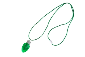Close-up of green LED Christmas bulb necklace with cord and internal circuit detail