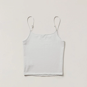 Detail of white cotton camisole with thin straps and round neck in flat lay display