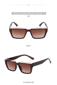 Front and 45-degree side view of brown square sunglasses with golden metal accents