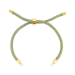 Detailed view of sage green braided cord bracelet with adjustable gold metal slide buckle