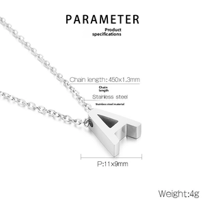 Macro view of silver A-letter pendant necklace showing 11x9mm size and stainless steel