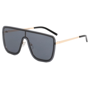 Modern oversized shield sunglasses with dark grey lenses and slim gold metal temples