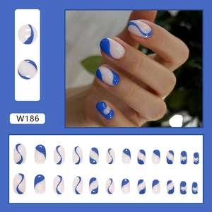 Blue and white swirl round press-on nails set with 24 pieces in various sizes