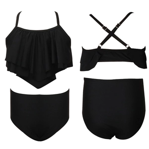 Maillot de bain deux pièces noir pour fille avec volants et bretelles croisées, vue complète