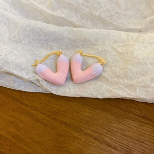 Heart Hoop Earrings Alloy Pink Gradient Enamel Finish With Steel Earring Post Minimalist Sweet Fashion Jewelry For Women