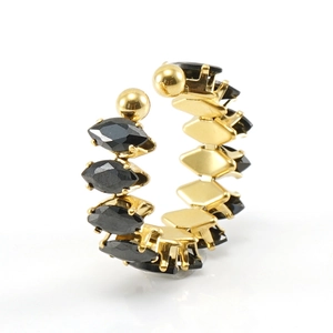 18K gold plated C-shaped ear cuff with black marquise cut crystals on white background