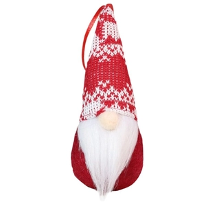 Knitted faceless Christmas gnome ornament in red and white with hanging rope for tree decoration