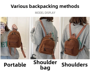 Brauner Plüsch-Mini-Rucksack in drei Tragevarianten: Handtasche, Schultertasche und Rucksack