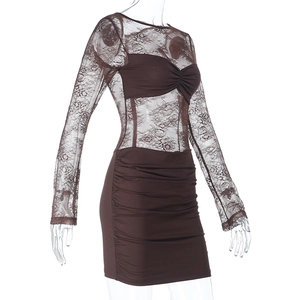 Detail of sheer brown lace long sleeves and slim fit textured fabric on backless dress