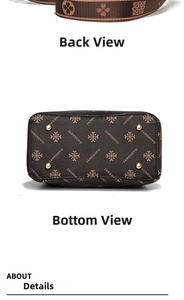 Detail of premium brown leather handbag featuring golden metal feet and logo pattern