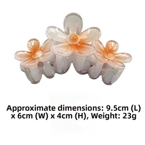 Detail view of floral hair claw with orange gradient flowers and size measurements
