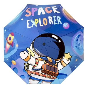 Deep blue space-themed kids umbrella with astronaut and rocket illustrations