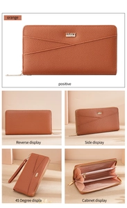 Detailed multi-angle views of orange pebbled leather long wallet with wristlet and card slots