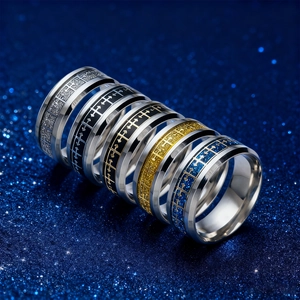 Set of retro stainless steel cross texture rings in five metallic color finishes