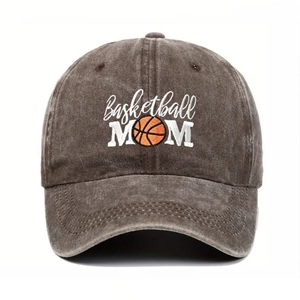 Close-up of Basketball MOM embroidery and basketball pattern on washed cotton cap