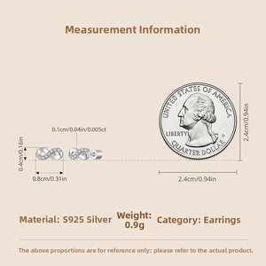 Detail view of s925 silver infinity stud earrings with size measurements next to a coin