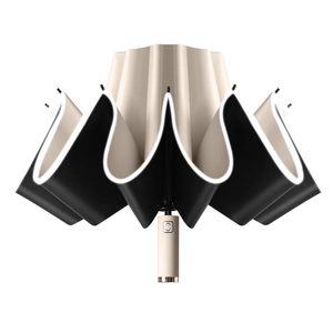 Off-white automatic reverse folding umbrella with LED handle and reflective safety edge