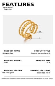 Detail of three-layer beaded stainless steel ring showing adjustable size and weight info