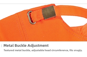 Close-up of orange cotton baseball cap featuring an adjustable bronze metal buckle