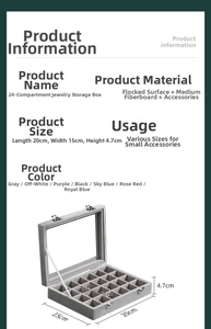 Macro view of 24-grid velvet jewelry organizer tray with grey finish and metal buckle
