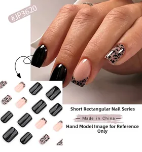 Short square press-on nails set with leopard print and glossy black French design