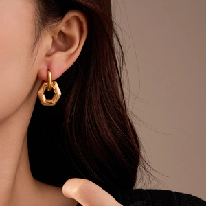 Hexagon Geometric Hoop Earrings 18K Gold Plated Stainless Steel Minimalist Vintage Style For Women High End Jewelry