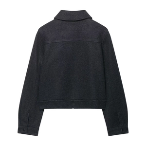 Detailed back view of charcoal grey soft texture cropped jacket with horizontal seams