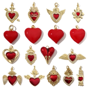 Sacred Heart Enamel Pendants Copper With Zircon Wings Crown Retro Heart Shape DIY Jewelry Making Accessories
