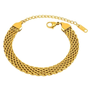 Elegant gold braided mesh bracelet in stainless steel with lobster clasp and adjustable chain