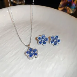 Blue Flower Necklace And Earrings Zircon Copper 925 Sterling Silver Earring Post Women Elegant Sweet Floral Jewelry