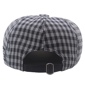 Classic black and white checkered newsboy hat with adjustable metal buckle back view