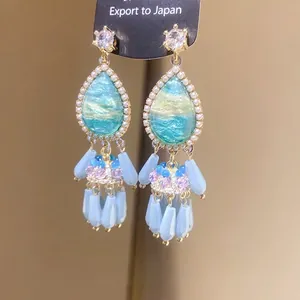 Luxury water drop crystal tassel earrings with pearls in bohemian vintage style