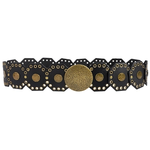 Bohemian retro wide waist belt with black octagonal leather patches and gold hammer metal discs