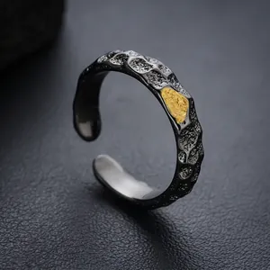 Open Adjustable Ring Retro Industrial Black Alloy Hammered Lava Texture With Gold Inlay Jewelry For Men Women