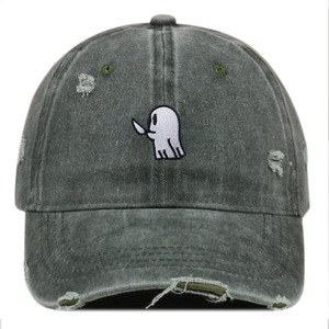 Detailed embroidery of a cute ghost holding a knife on a distressed grey baseball cap