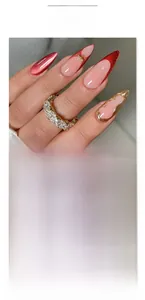 Macro detail of almond nails with 3D gold relief and dark red cat eye finish