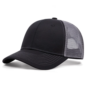 Detail view of classic trucker hat with black twill brim and breathable grey mesh back