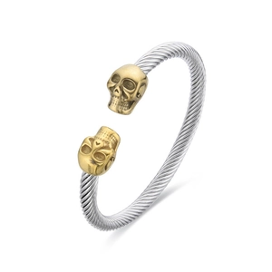 Hip hop cable wire open bangle featuring silver twisted rope and gold skull heads