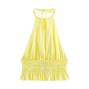 Sleeveless halter neck top in bright yellow chiffon with open back and elastic smocking