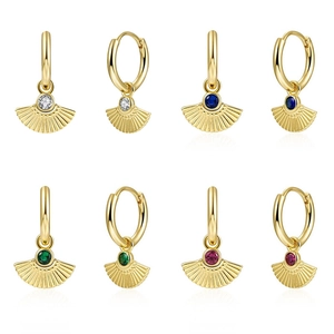 Luxurious fan-shaped drop earrings with colorful zircon stones in gold finish