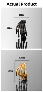 Detailed view of skull hand stud earrings showing dimensions of 1.22cm by 0.78cm