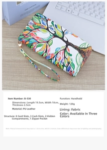 Detail view of colorful tree print long wallet with wristlet strap and zip closure